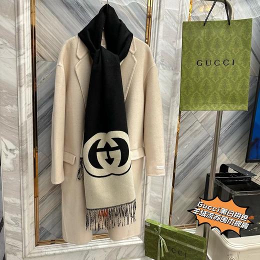 D122607新款双G重叠黑白拼色羊绒流苏围巾披肩 商品图10