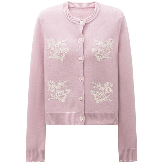 SELFWHO100%进口绵羊毛刺绣花纹针织开衫女2026春季新款圆领毛衣 商品图4