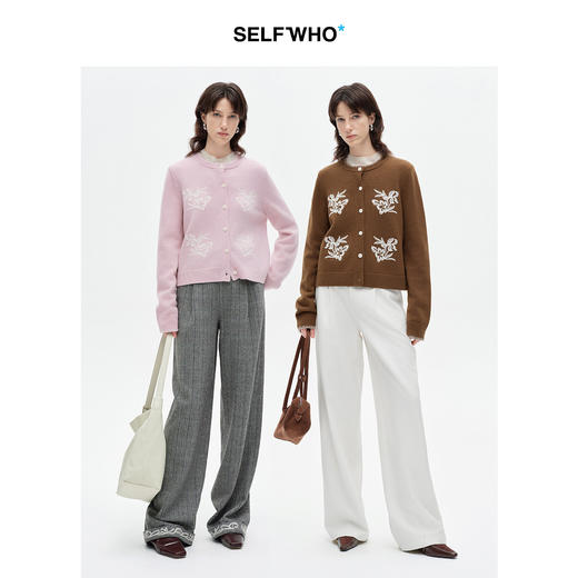 SELFWHO100%进口绵羊毛刺绣花纹针织开衫女2026春季新款圆领毛衣 商品图1