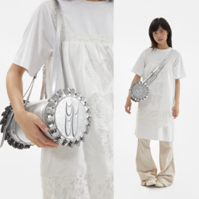 CryingCenter 银色皮革花边圆筒单肩斜挎包 哭喊中心