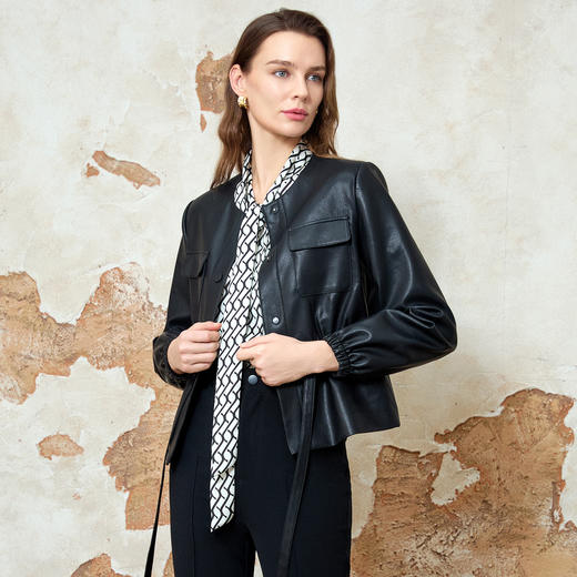 EITIE爱特爱2025春季新款时尚通勤复古圆领百搭抽绳显瘦皮衣外套8103817 商品图2