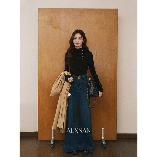 鹿向南「黑松绵绵」法式黑色T恤女秋冬季半高领内搭长袖上衣 商品图1