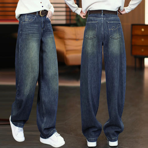HSS 2863复古水泥灰直筒牛仔裤加绒高腰阔腿裤 商品图1