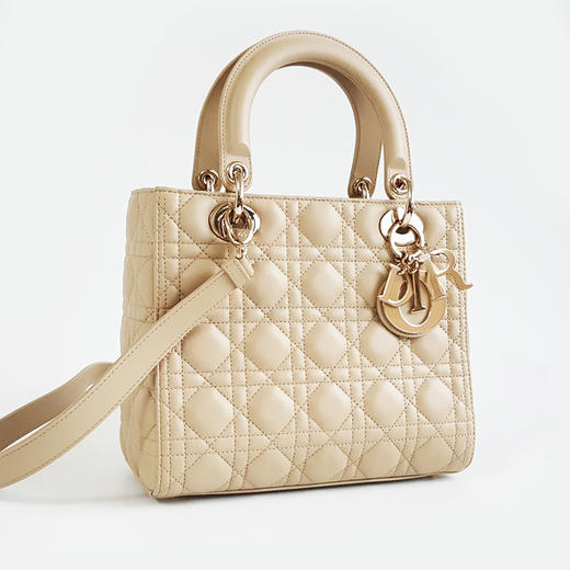 【98新】DIOR迪奥Lady Dior 手袋奶茶色珐琅扣五格戴妃手提单肩包女士231225TB20 商品图2