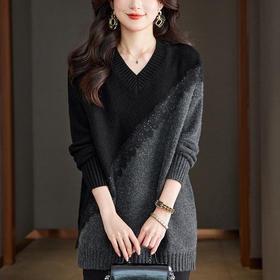CC 10-7122亮丝V领大码针织衫宽松中长款显瘦慵懒风外穿毛衣