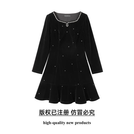 奢姿2025秋季大码胖妹妹专属镶钻丝绒长袖连衣裙气质优雅小黑裙9953870566 商品图0