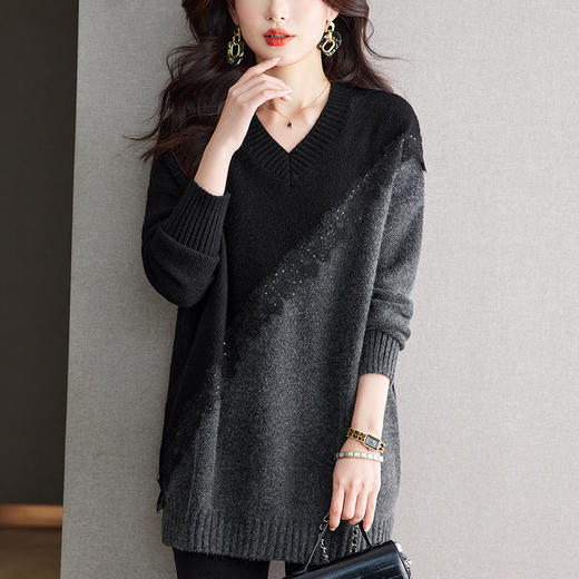 CC 10-7122亮丝V领大码针织衫宽松中长款显瘦慵懒风外穿毛衣 商品图1