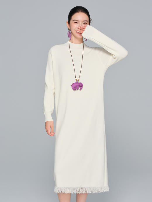 小流苏羊毛针织混纺小直筒半高领毛衣裙 商品图1