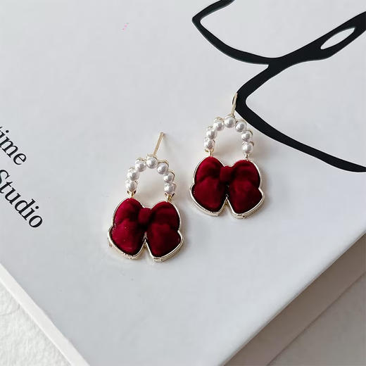 复古轻奢酒红色丝绒蝴蝶结银针耳环-纪念日百货门店同款168943951 商品图0