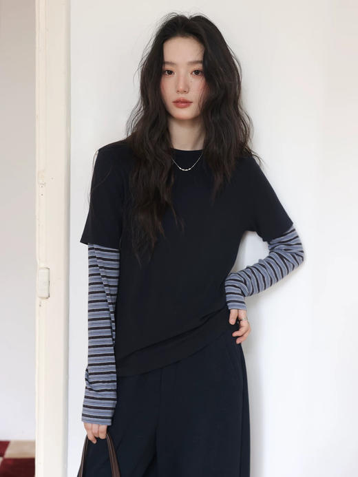 小众原单撞色条纹假两件打底T 商品图2