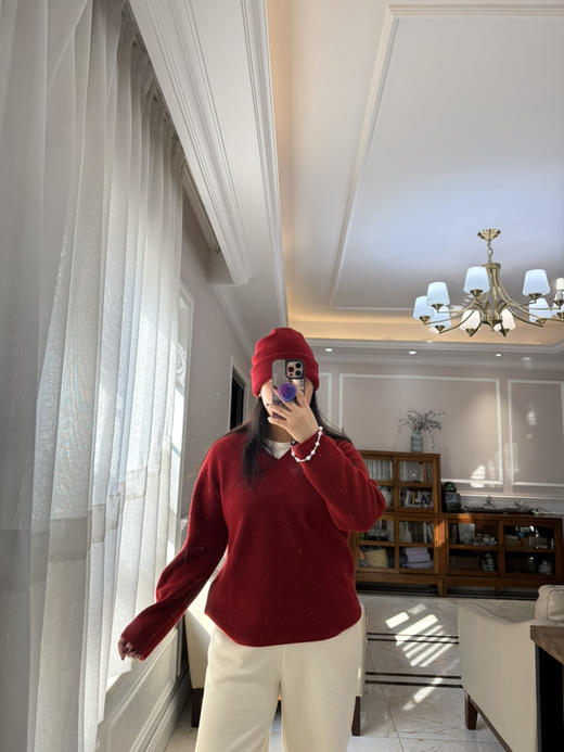 1227-5 渠道圆正 小禾 新年红 V领羊绒针织衫 我穿L 商品图8