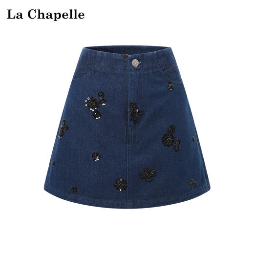 天猫同步【精致氛围感】拉夏贝尔/La Chapelle亮片花朵牛仔裙裤女设计感小众百搭通勤显瘦显高时髦短裤 商品图1