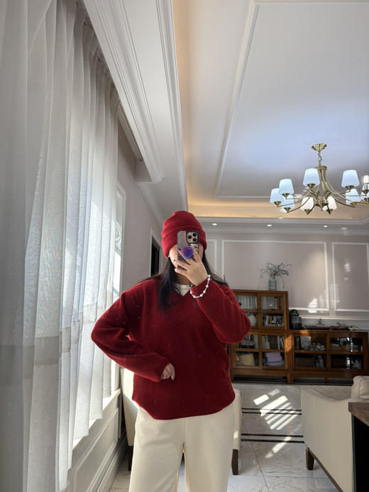 1227-5 渠道圆正 小禾 新年红 V领羊绒针织衫 我穿L 商品图7