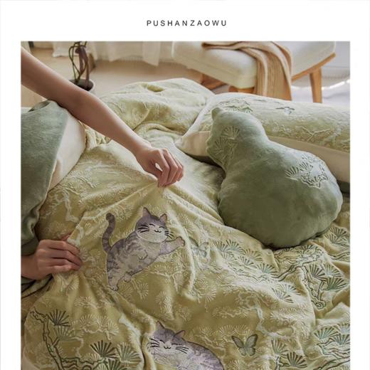 新中式A类雕花牛奶绒四件套古韵猫咪戏蝶加厚蓄热珊瑚绒三件套冬 商品图2