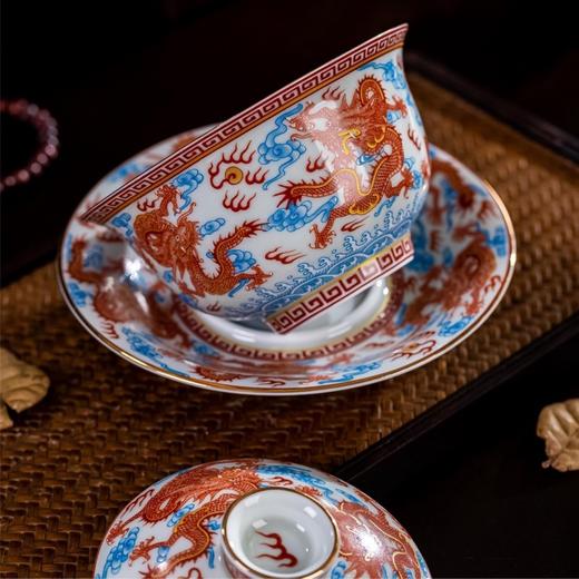 矾红五龙纹元宝盖碗三才盖碗可悬停泡茶碗功夫茶具家用送礼 商品图2