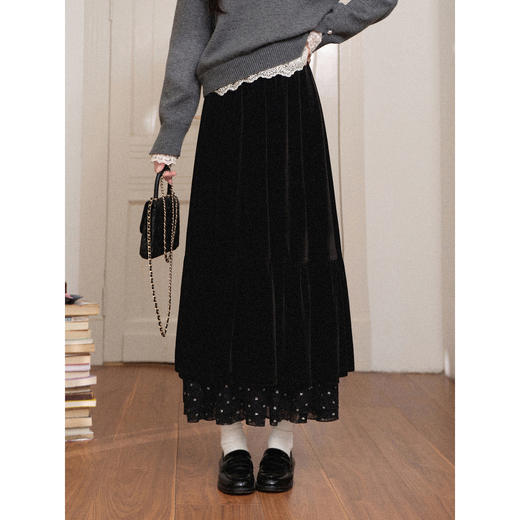 鹿向南「烁烁夜幕」黑色丝绒半身裙女冬拼接蕾丝小个子高腰长裙 商品图1