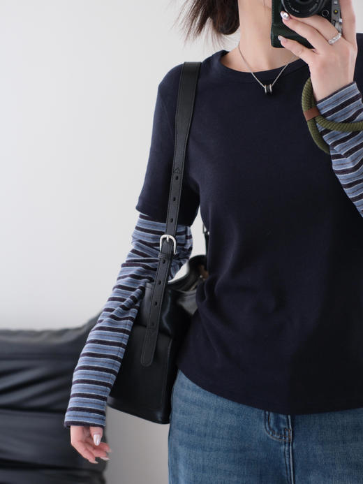 小众原单撞色条纹假两件打底T 商品图8