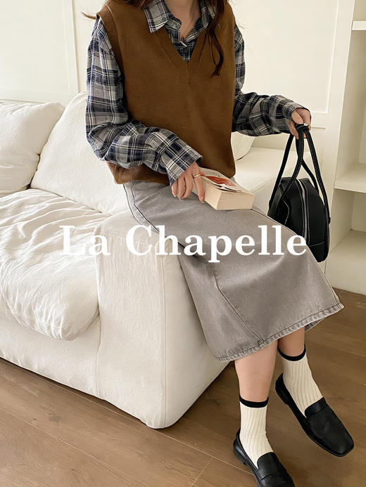 拉夏贝尔/La Chapelle休闲百搭做旧水洗后开衩A字牛仔半身裙 商品图4