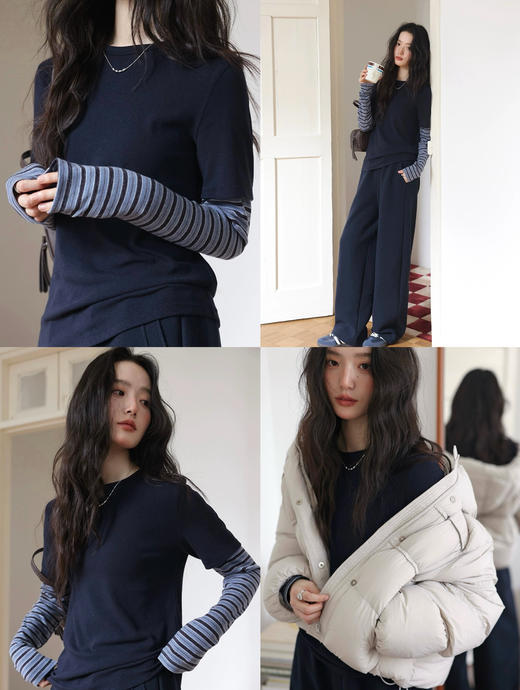 小众原单撞色条纹假两件打底T 商品图0