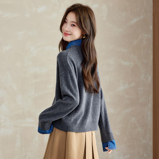 CC 8975假两件牛仔拼接衬衫领羊毛衫针织衫 商品图3