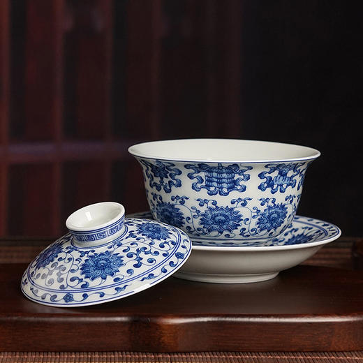 青花八宝图元宝盖碗三才盖碗家用防烫泡茶碗高档陶瓷单个功夫茶杯 商品图3