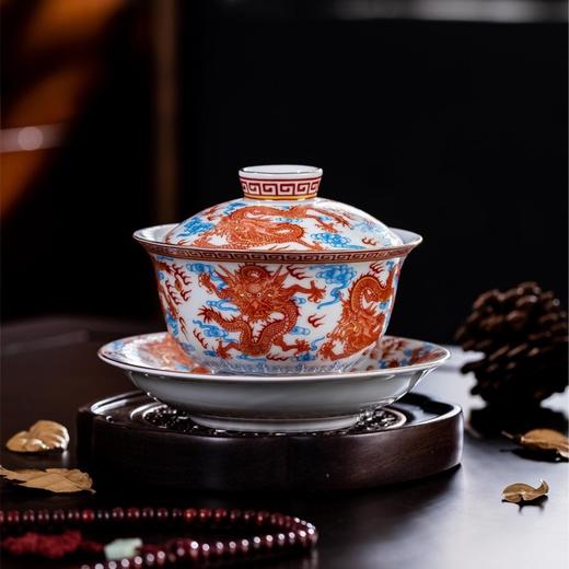 矾红五龙纹元宝盖碗三才盖碗可悬停泡茶碗功夫茶具家用送礼 商品图0