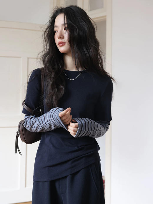 小众原单撞色条纹假两件打底T 商品图3