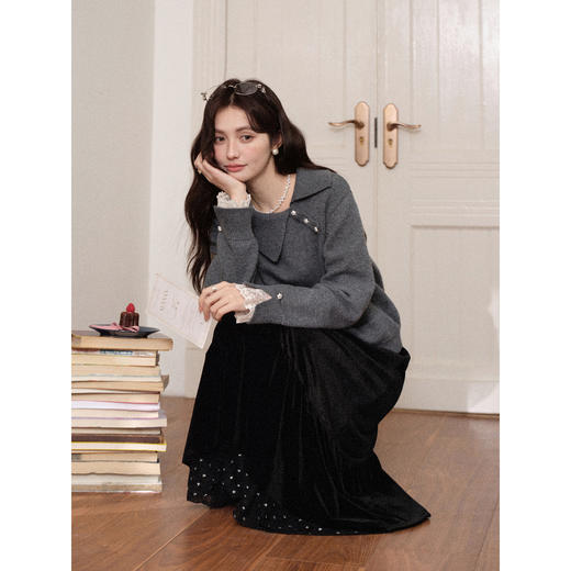 鹿向南「烁烁夜幕」黑色丝绒半身裙女冬拼接蕾丝小个子高腰长裙 商品图3