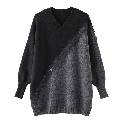 CC 10-7122亮丝V领大码针织衫宽松中长款显瘦慵懒风外穿毛衣 商品图4