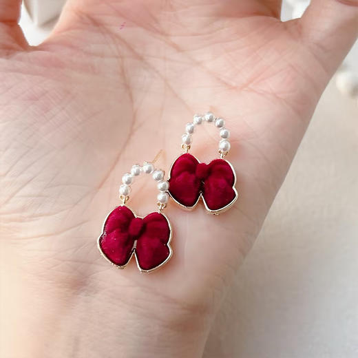 复古轻奢酒红色丝绒蝴蝶结银针耳环-纪念日百货门店同款168943951 商品图4