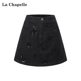 天猫同步【精致氛围感】拉夏贝尔/La Chapelle亮片花朵牛仔裙裤女设计感小众百搭通勤显瘦显高时髦短裤