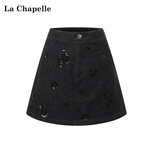 天猫同步【精致氛围感】拉夏贝尔/La Chapelle亮片花朵牛仔裙裤女设计感小众百搭通勤显瘦显高时髦短裤 商品图0