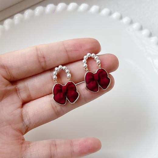 复古轻奢酒红色丝绒蝴蝶结银针耳环-纪念日百货门店同款168943951 商品图3