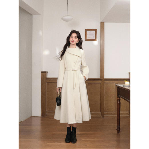 鹿向南「海岛热恋」秋冬装新款气质杏色毛呢外套长款呢子连衣裙女 商品图1