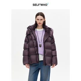 SELFWHO90白鸭绒可拆卸连帽紫色羽绒服女2025冬新款高领保暖外套