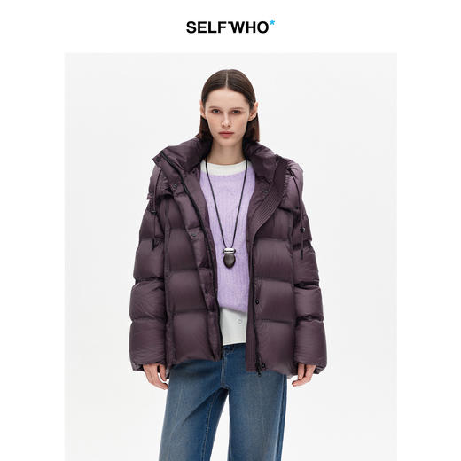 SELFWHO90白鸭绒可拆卸连帽紫色羽绒服女2025冬新款高领保暖外套 商品图0