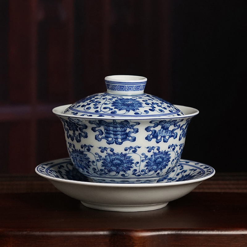青花八宝图元宝盖碗三才盖碗家用防烫泡茶碗高档陶瓷单个功夫茶杯