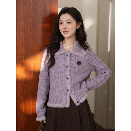 鹿向南「紫韵香缇」紫色长袖翻领针织毛衣秋冬季氛围感开衫上衣女 商品图1