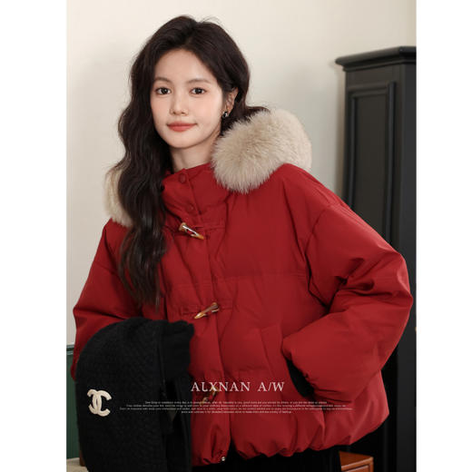 鹿向南「新年战袍」过年红色短款羽绒服女冬季真毛领90白鸭绒外套 商品图2