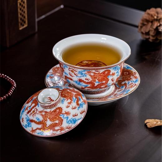 矾红五龙纹元宝盖碗三才盖碗可悬停泡茶碗功夫茶具家用送礼 商品图3