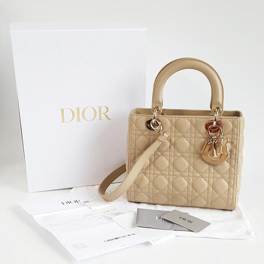 【98新】DIOR迪奥Lady Dior 手袋奶茶色珐琅扣五格戴妃手提单肩包女士231225TB20 商品图1