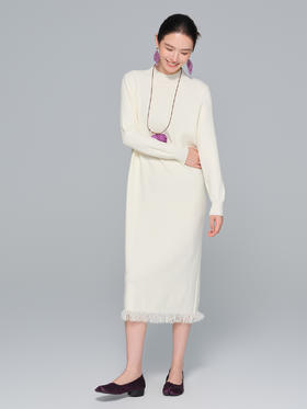 小流苏羊毛针织混纺小直筒半高领毛衣裙