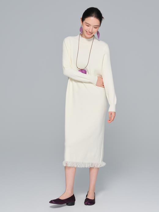 小流苏羊毛针织混纺小直筒半高领毛衣裙 商品图0