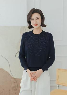 伯妮斯茵 | 轻奢温柔 藏青花卉提花针织衫 闪钻装饰 修身显瘦 气质职场款 SZ6E06 绀蝶色