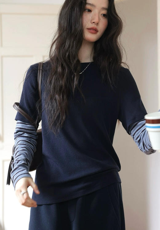 小众原单撞色条纹假两件打底T 商品图6