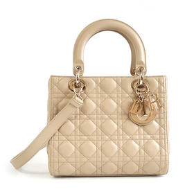 【98新】DIOR迪奥Lady Dior 手袋奶茶色珐琅扣五格戴妃手提单肩包女士231225TB20
