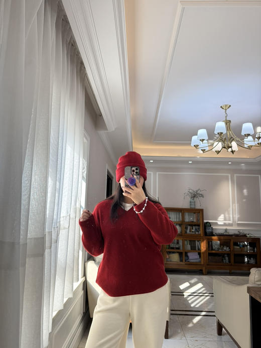 1227-5 渠道圆正 小禾 新年红 V领羊绒针织衫 我穿L 商品图5