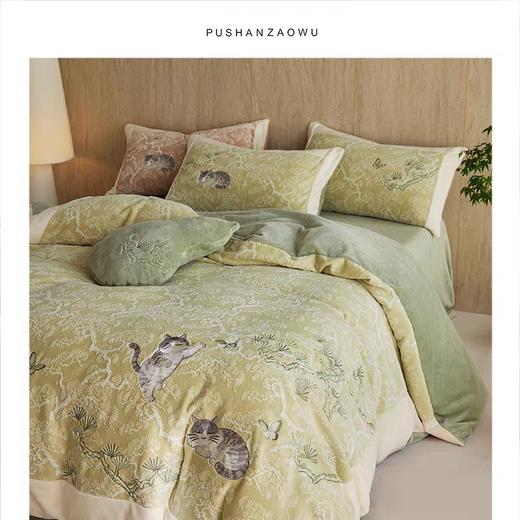 新中式A类雕花牛奶绒四件套古韵猫咪戏蝶加厚蓄热珊瑚绒三件套冬 商品图0