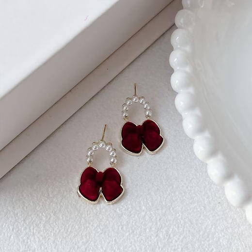 复古轻奢酒红色丝绒蝴蝶结银针耳环-纪念日百货门店同款168943951 商品图2