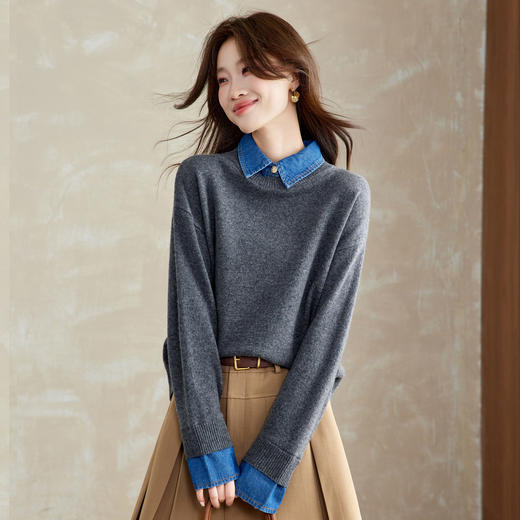 CC 8975假两件牛仔拼接衬衫领羊毛衫针织衫 商品图1